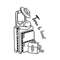 Vector black and white illustration of a hand drawn sketch of a cat sitting on suitcases, stack of travel bags. Vector illustration