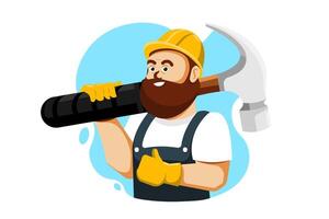 Technician man cartoon with carrying hammer on isolated background, Vector illustration.