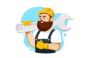 Technician man cartoon with carrying wrench on isolated background, Vector illustration.