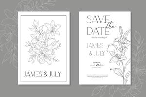 línea Arte lirio flor Boda invitación plantilla, contorno lirio minimalista Boda papelería vector