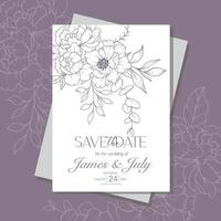 Line Art Peony Flower  Wedding Invitation template,  Outline Peony Minimalist Wedding Stationery vector