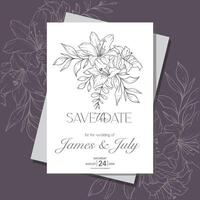 Line Art Lily Flower  Wedding Invitation template,  Outline Lily Minimalist Wedding Stationery vector