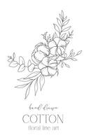 Hand Drawn Cotton Flowers Line Art Illustration. Cotton Balls isolated on white. Floral Line Art. Cotton Plant Black and white illustration. Fine Line Cotton illustration. vector