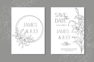 Line Art Lily Flower  Wedding Invitation template,  Outline Lily Minimalist Wedding Stationery vector