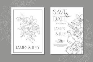 línea Arte lirio flor Boda invitación plantilla, contorno lirio minimalista Boda papelería vector