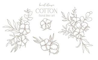 Hand Drawn Cotton Flowers Line Art Illustration. Cotton Balls isolated on white. Floral Line Art. Cotton Plant Black and white illustration. Fine Line Cotton illustration. vector