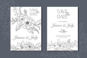 Line Art Peony Flower  Wedding Invitation template,  Outline Peony Minimalist Wedding Stationery vector