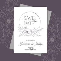 Line Art Peony Flower  Wedding Invitation template,  Outline Peony Minimalist Wedding Stationery vector