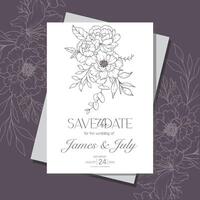 Line Art Peony Flower  Wedding Invitation template,  Outline Peony Minimalist Wedding Stationery vector