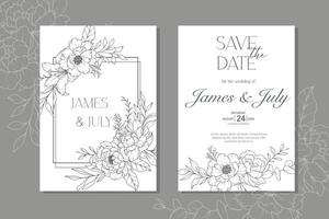 Line Art Peony Flower  Wedding Invitation template,  Outline Peony Minimalist Wedding Stationery vector