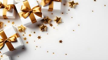 AI generated White background Wallpaper Christmas and New Year holidays christmas greeting cards White Christmas gift, gold bow, dotted with gold paper stars. There is a copy space on the right side. photo