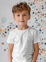 ai generado Niños blanco corto manga redondo cuello camiseta Bosquejo eso es un útil herramienta para ropa diseñadores a ayuda visualizar camisetas antes de real producción salvar hora y dinero y hace eso fácil. foto