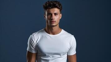 AI generated Men's White Short Sleeve Round Neck T-Shirt Mockup It is a useful tool for clothing designers to help visualize T-shirts before actual production Save time and money and makes it easier. photo