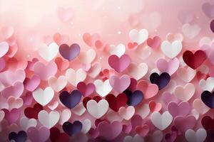 AI generated Backgrounds for greeting cards or presentations about fragile love. The illustration filled with little hearts. Spread the whole picture The overall color tone of the image is pink. photo