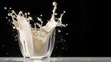 AI generated Milk or yogurt splashes beautifully like a work of art in a clear glass container on plain background There is enough light. Suitable for use in advertising about milk whether it's food. photo