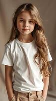AI generated Girl's White Short Sleeve Round Neck T-Shirt Mockup It is a useful tool for clothing designers to help visualize T-shirts before actual production Save time and money and makes it easy. photo