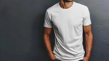 AI generated Men's White Short Sleeve Round Neck T-Shirt Mockup It is a useful tool for clothing designers to help visualize T-shirts before actual production Save time and money and makes it easier. photo