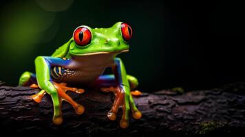 AI generated Brightly colored frog with bright red eyes. Perched on a stationary branch, it stands out against dark background. Frogs are brightly colored to warn predators that I am poisonous. photo