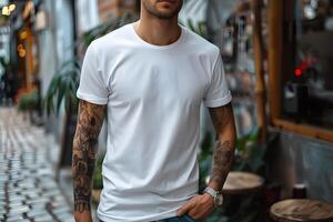 ai generado de los hombres blanco corto manga redondo cuello camiseta Bosquejo eso es un útil herramienta para ropa diseñadores a ayuda visualizar camisetas antes de real producción salvar hora y dinero y hace eso más fácil. foto