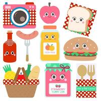 Cute hand drawn kawaii summer picnic set vector illustration