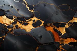 AI generated Black and gold marble texture with waves and bubbles. The marble surface is shiny and reflective. It creates a feeling of luxury and elegance. These patterns are realistic and lively. photo