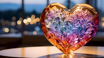 AI generated Colorful crystal heart Reflects beautifully and outstandingly.  Suitable for making greeting cards on occasions related to love. It shows a beautiful but fragile love. photo