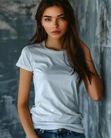 ai generado De las mujeres blanco corto manga redondo cuello camiseta Bosquejo eso es un útil herramienta para ropa diseñadores a ayuda visualizar camisetas antes de real producción salvar hora y dinero y hace eso más fácil foto