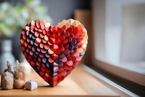 AI generated Heart-shaped made from small pieces of wood are displayed prominently. It is like a mind that is taken care of and created with warmth, allowing a person to live a strong life. photo