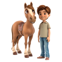 ai généré 3d le rendu de une dessin animé de garçon permanent avec cheval sur transparent Contexte - ai généré png