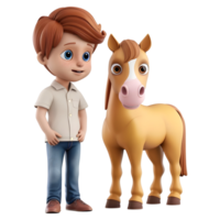 ai generado 3d representación de un dibujos animados de chico en pie con caballo en transparente antecedentes - ai generado png