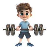 ai generado 3d representación de un dibujos animados de gimnasio chico con pesas en transparente antecedentes - ai generado png