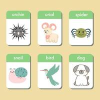 Animals flashcards collection for kids. Flash cards set with cute characters for practicing reading skills. Urchin, urial, spider, bird and dog. Vector illustration.