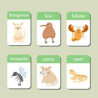 Animals flashcards collection for kids. Flash cards set with cute characters for practicing reading skills. Kangaroo, kiwi, lobster, mosquito, nutria and newt. Vector illustration.