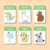 Animals flashcards collection for kids. Flash cards set with cute characters for practicing reading skills. Alligator, alpaca, capybara, insect, tiger and koala. Vector illustration.