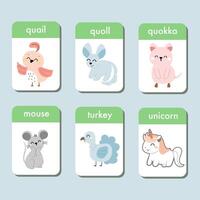 Animals flashcards collection for kids. Flash cards set with cute characters for practicing reading skills. Quail, quoll, quokka, mouse, turkey and unicorn. Vector illustration.