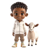 ai generado 3d representación de un dibujos animados de chico con cabra en pie en transparente antecedentes - ai generado png
