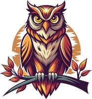 Owl on a branch with leaves. Vector illustration for your design