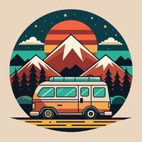 Camping van in the mountains. Vector illustration in flat style.