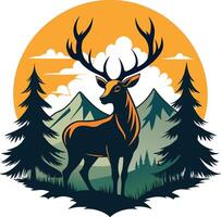 Deer with antlers on the background of mountains. Vector illustration.