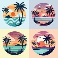 Palm trees and sea. Set of vector illustrations in flat style.