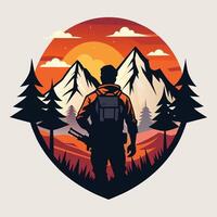 Hunting hunter with gun in the mountains. Vector illustration in retro style