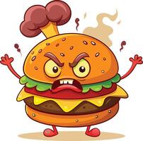 Funny hamburger with angry face. Vector illustration on white background.