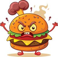 Funny hamburger with angry face. Vector illustration on white background.