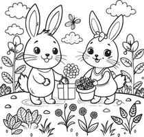 Kid Coloring Page Outline Of Cute Easter Bunnies in garden vector