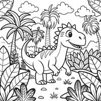 Dinosaur in the jungle. Black and white illustration for kid coloring book vector