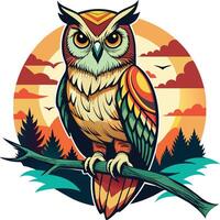 Owl sitting on a branch. Vector illustration in cartoon style.