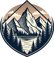 Mountain and lake emblem in retro style on a white background. vector