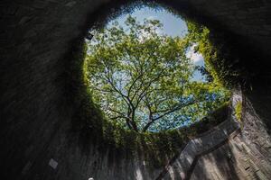 The tunnel's spiral walkway leads to a ground entering at Fort Canning Park in Singapore. photo