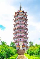 Aerial view of Chinese pagoda is a symbol of Buddhism in Chinese culture. Aerial Photography. Landscape. photo