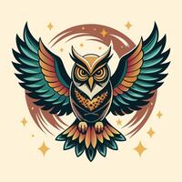 Owl with wings and stars in the background. Vector illustration.